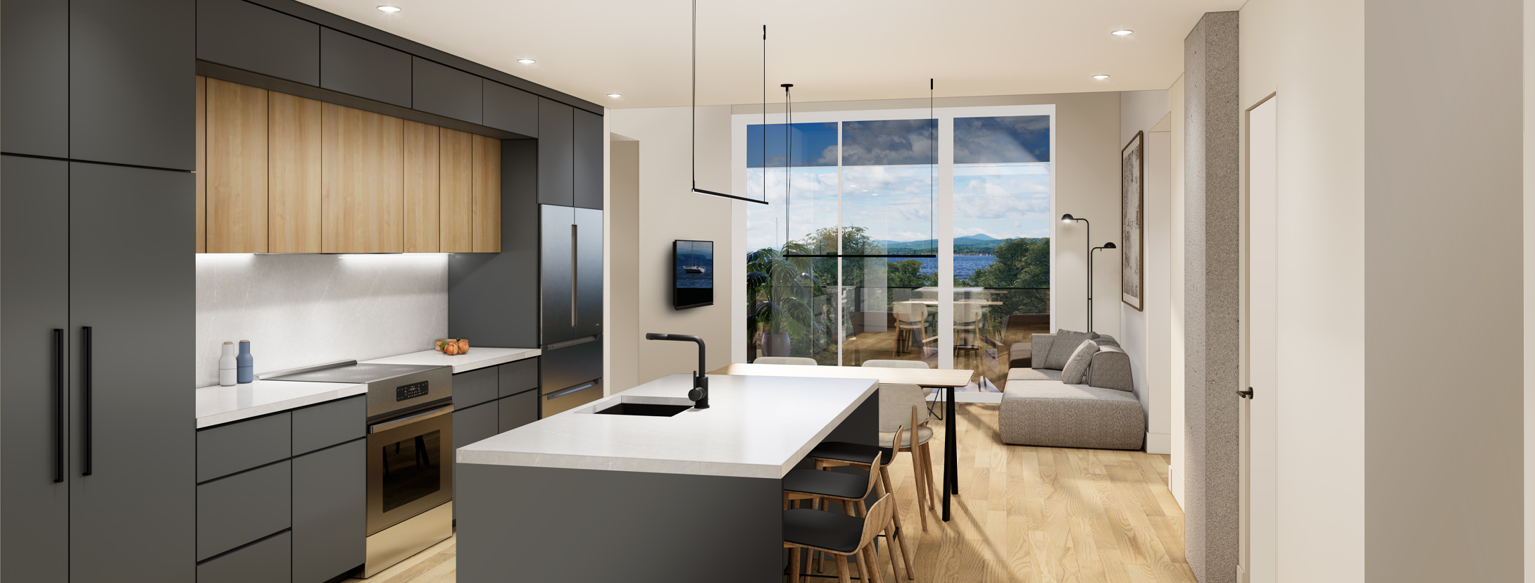 Vue intérieure d'un condo avec ilot de cuisine