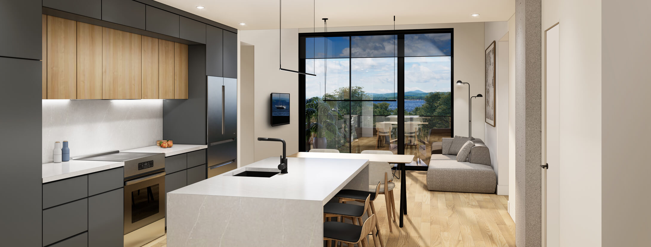 Vue intérieure d'un condo avec ilot de cuisine