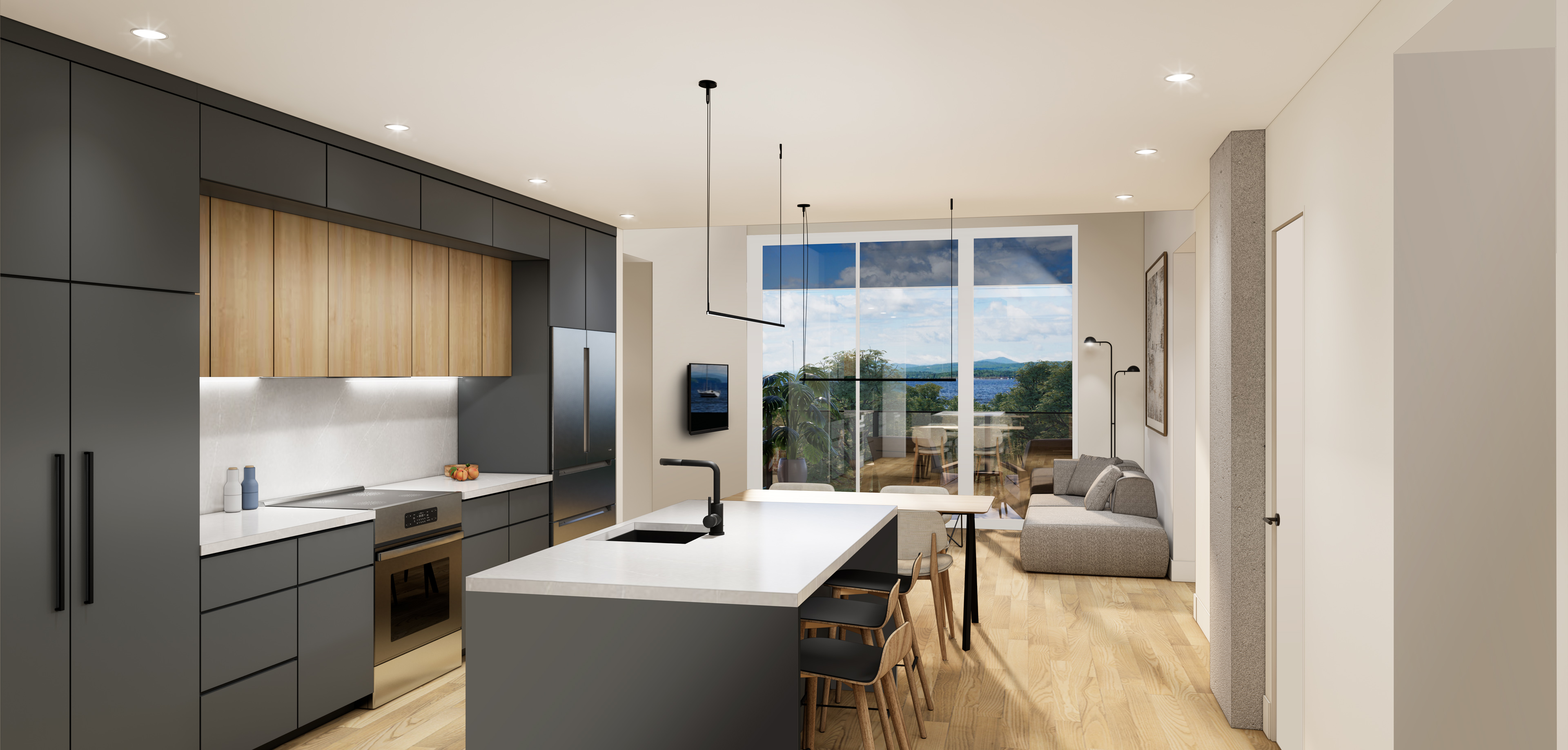 Rendu intérieur de l'espace de vie d'un condo Ralph avec ilot de cuisine