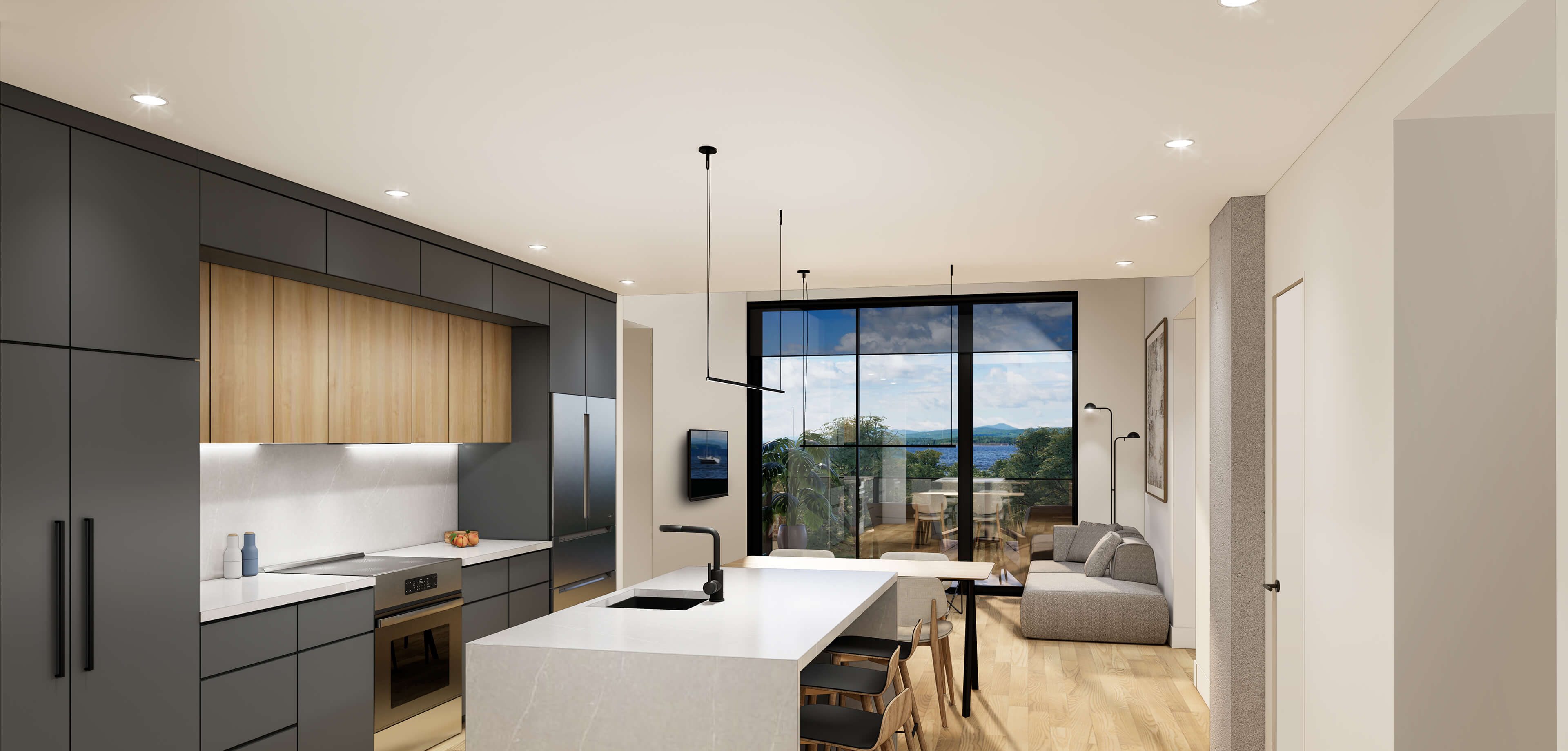 Rendu intérieur de l'espace de vie d'un condo Ralph avec ilot de cuisine