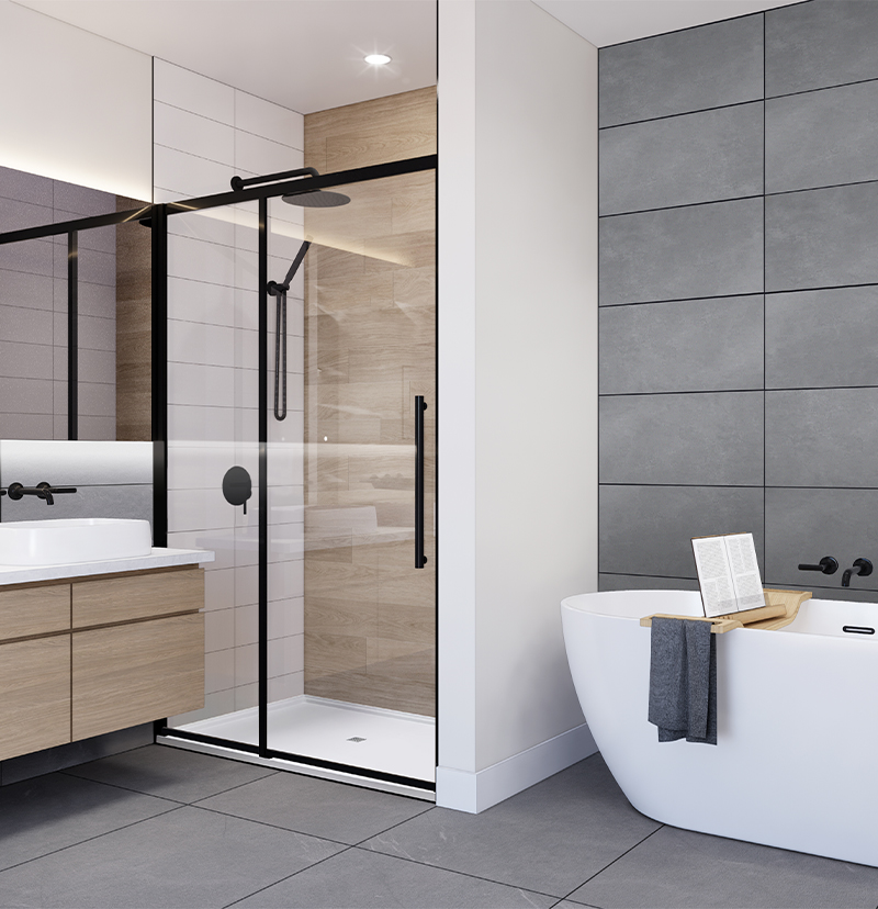 Rendu intérieur d'une salle de bain avec douche vitrée et bain autoportant
