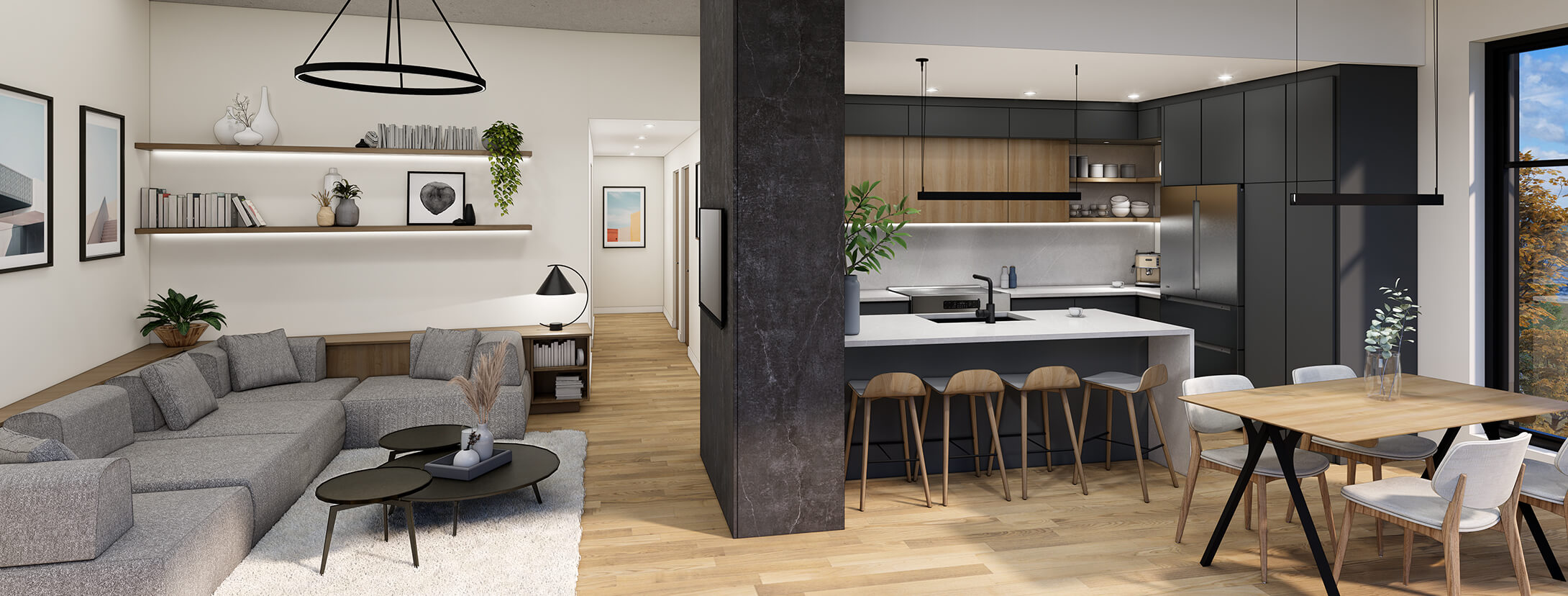 Rendu intérieur de la pièce de vie d'un condo