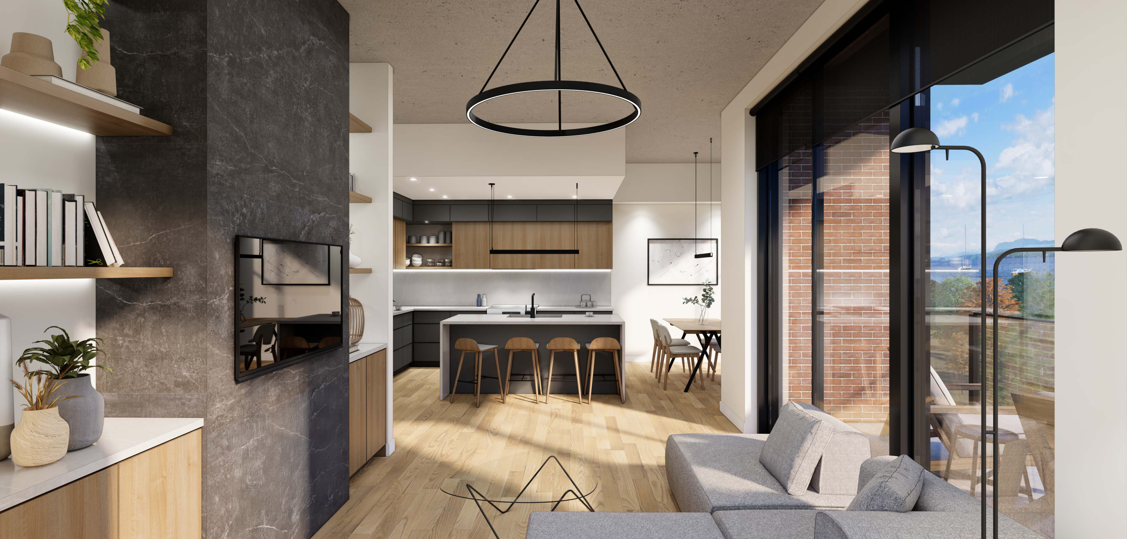 Rendu intérieur de l'espace de vie d'un condo