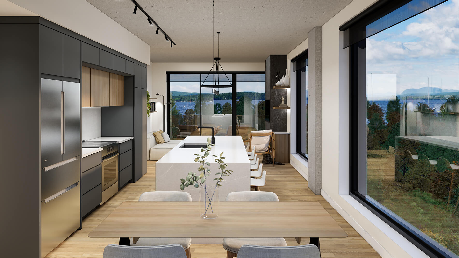 Rendu intérieur de l'espace de vie d'un condo